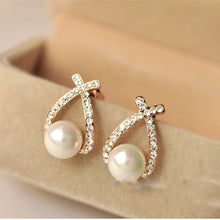 Load image into Gallery viewer, Fashion Jewelry Simulated Pearl Drop Earrings Cute Bowknot Dangle Earrings For Women Shiny Crystal Wedding Jewelry Elegant